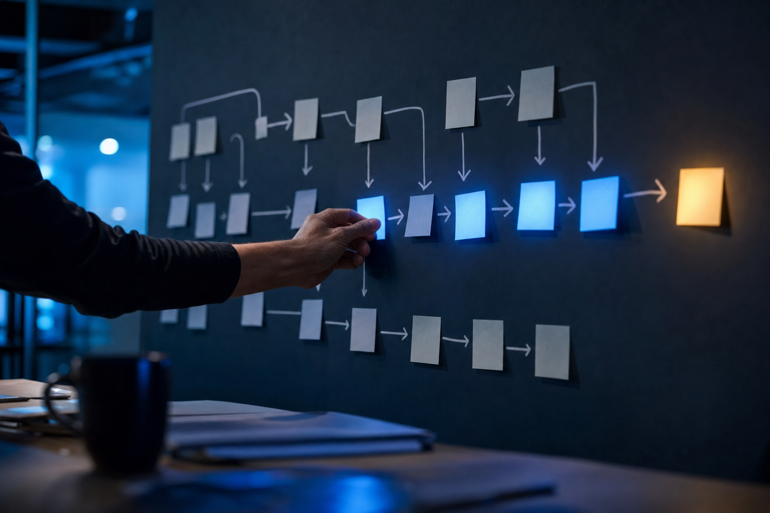A process map on a wall with the automated steps highlighted in blue and a final human sign-off step